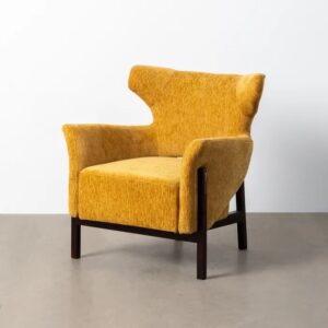 615443 Sillón butaca con reposabrazos diseño moderno tapizado mostaza y patas madera negro