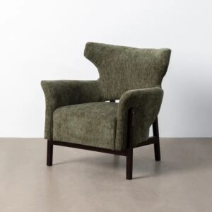615445 Sillón butaca con reposabrazos diseño moderno tapizado verde y patas madera negro