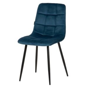 498008 Silla de diseño moderno terciopelo azul costuras cuadrícula y patas metal negro