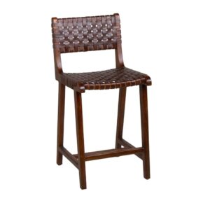 614010 Taburete alto de diseño vintage MANHATTAN madera de teka y piel marrón