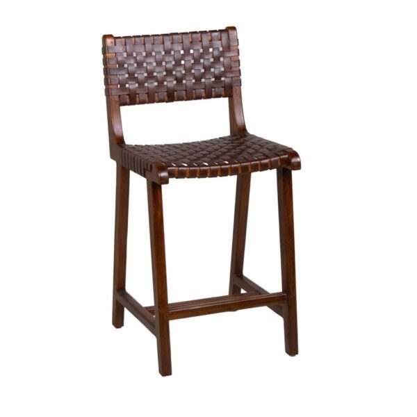 614010 Taburete alto de diseño vintage MANHATTAN madera de teka y piel marrón