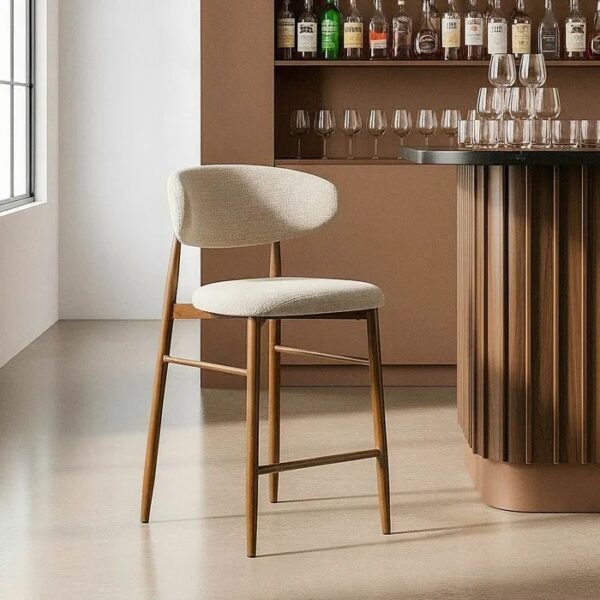 614626 Taburete alto de diseño moderno 65 acero acabado madera y tapizado beige