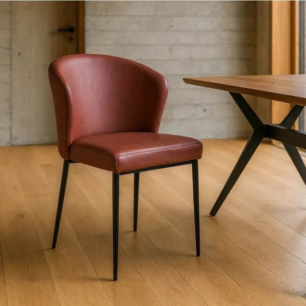 615213 Silla de diseño moderno industrial tapizado símil piel vino y patas hierro negro