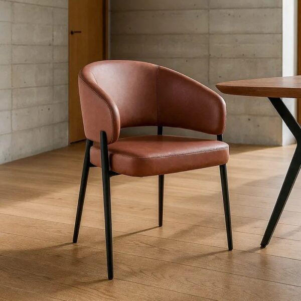 615215 Silla con reposabrazos diseño moderno industrial tapizado símil piel vino y patas hierro negro