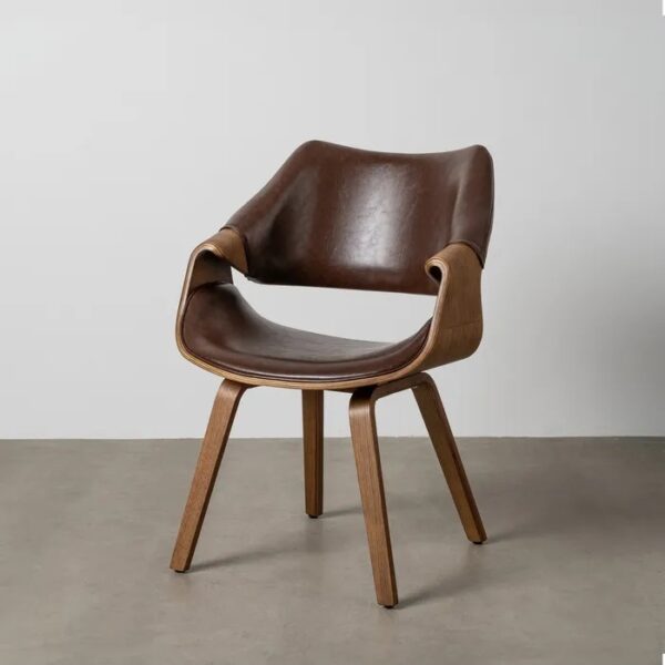 615340 Silla con reposabrazos diseño nórdico vintage madera de haya y tapizado símil piel marrón