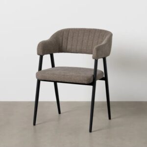 615354 Silla con reposabrazos diseño moderno acero negro y tapizado beige con costuras