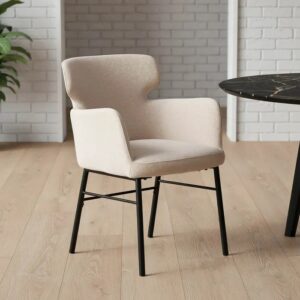 615383 Silla con reposabrazos diseño moderno tapizado crema y patas metal negro