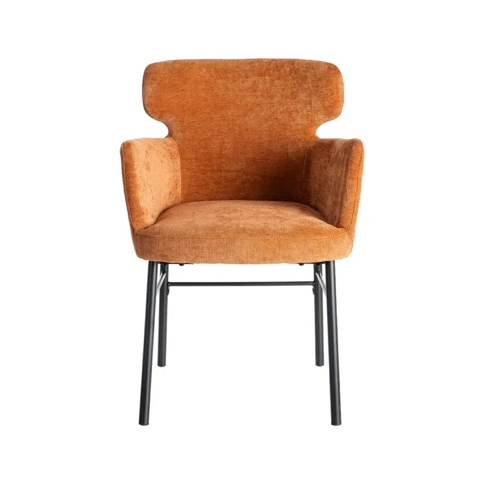 615385 Silla con reposabrazos de diseño moderno tapizado terracota y patas metal negro