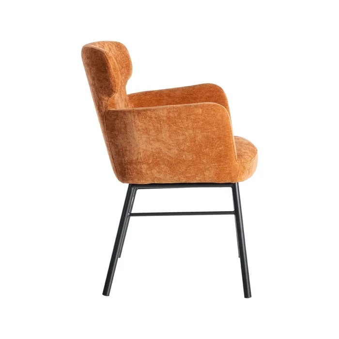 615385 Silla con reposabrazos de diseño moderno tapizado terracota y patas metal negro