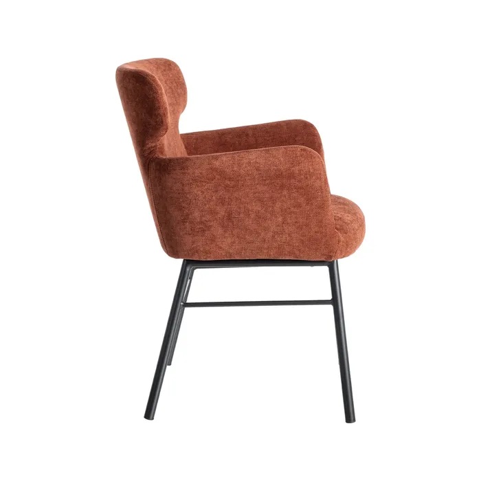 615386 Silla con reposabrazos de diseño moderno tapizado burdeos y patas metal negro