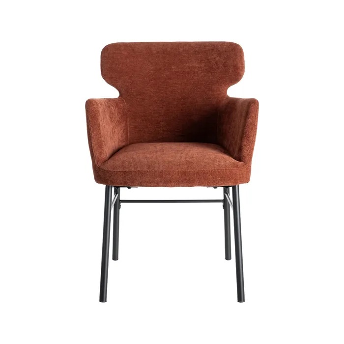 615386 Silla con reposabrazos de diseño moderno tapizado burdeos y patas metal negro