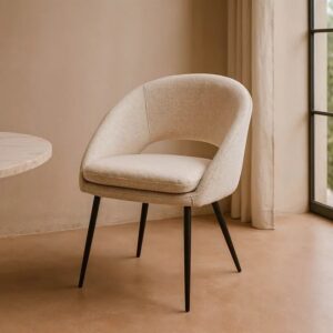 615395 Silla con reposabrazos diseño moderno tapizado crema y patas hierro negro