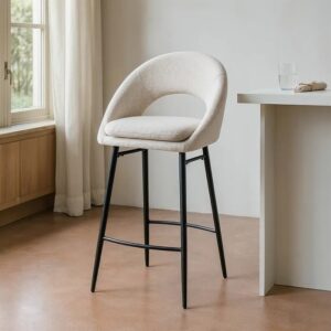 615398 Taburete alto diseño moderno tapizado crema y patas hierro negro