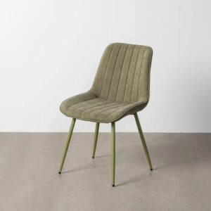 615473 Silla de diseño moderno tapizado verde con costuras y patas de metal en el mismo tono