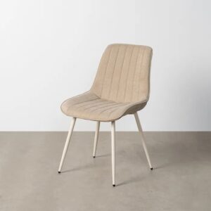 615476 Silla de diseño moderno tapizado beige con costuras y patas de metal en el mismo tono