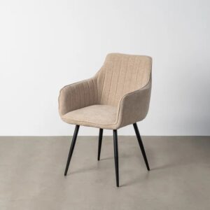 615477 Silla con reposabrazos de diseño moderno tapizado beige con costuras y patas metal negro