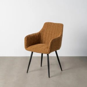 615478 Silla con reposabrazos de diseño moderno tapizado marrón con costuras y patas metal negro