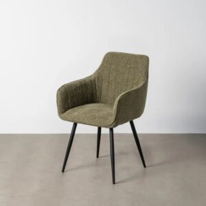 615479 Silla con reposabrazos de diseño moderno tapizado verde con costuras y patas metal negro