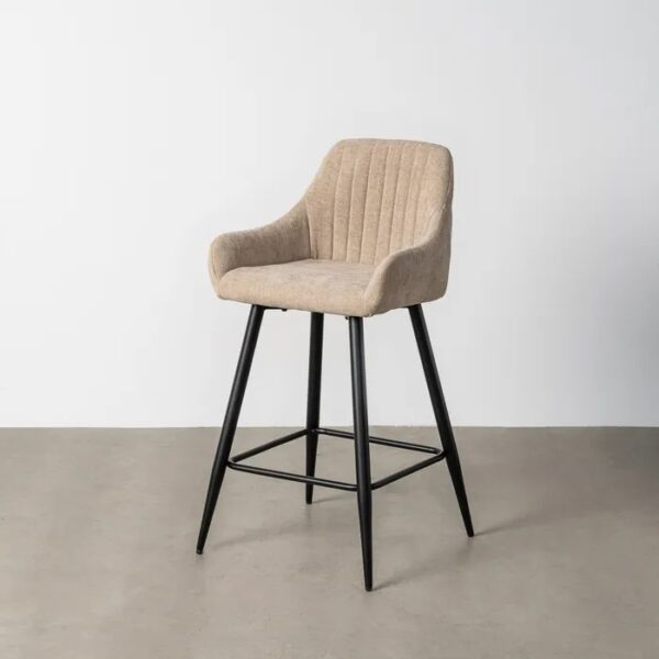 615480 Taburete alto de diseño moderno tapizado beige con costuras y patas metal negro