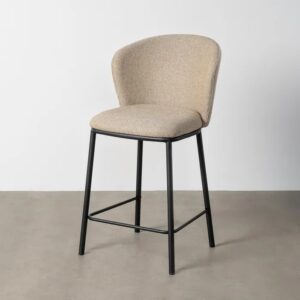 615485 Taburete alto de diseño moderno tapizado beige patrón de espiga y patas metal negro