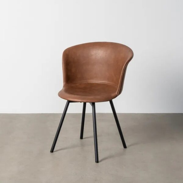 615512 Silla de diseño industrial formas redondeadas simil piel marrón y patas metal negro