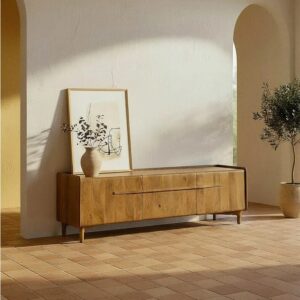 615869 Mueble de televisión de diseño rústico 160 madera de mango acabado natural
