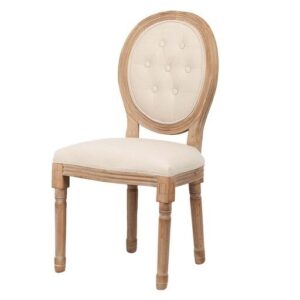 800111 Silla de diseño clásico madera con lino beige capitoné y respaldo medallón