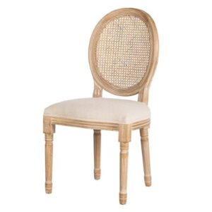 800112 Silla de diseño clásico madera con lino beige y respaldo medallón rejilla