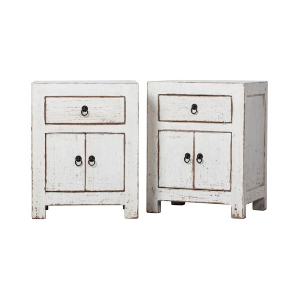 GM942 Pareja de mesitas de noche diseño oriental 47 madera de pino blanco con desgastes