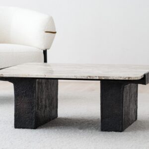 34JE25897 Mesa de centro cuadrada de diseño 90 mármol y metal óxido texturizado