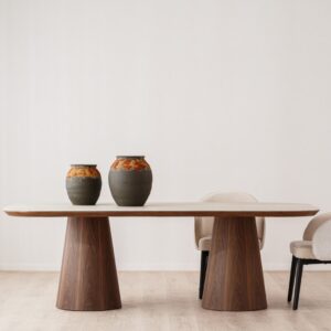 34AC25526CW Mesa de comedor gran tamaño diseño moderno DOLMEN 230 porcelánico y nogal