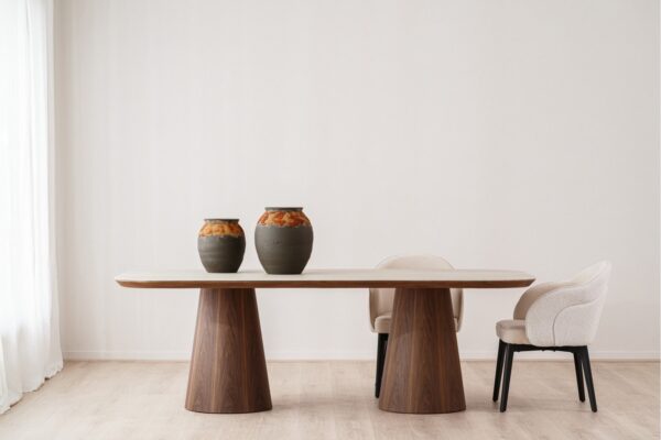 34AC25526CW Mesa de comedor gran tamaño diseño moderno DOLMEN 230 porcelánico y nogal