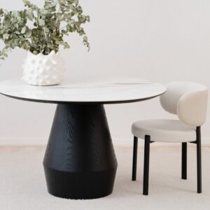34AC25243NC Mesa de comedor redonda diseño moderno 120 porcelánico y fresno negro