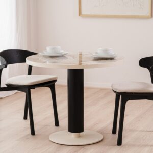34AC25587 Mesa redonda CAFÉ diseño moderno 90 porcelánico y fresno negro