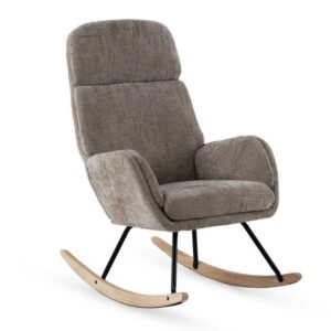 11586 Sillón mecedora diseño moderno tapizado marrón y patas madera