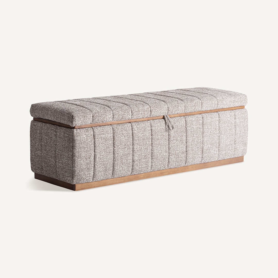 37009 Pie de cama baúl de diseño moderno ONTORIA 143 madera de fresno y tapizado gris jaspeado