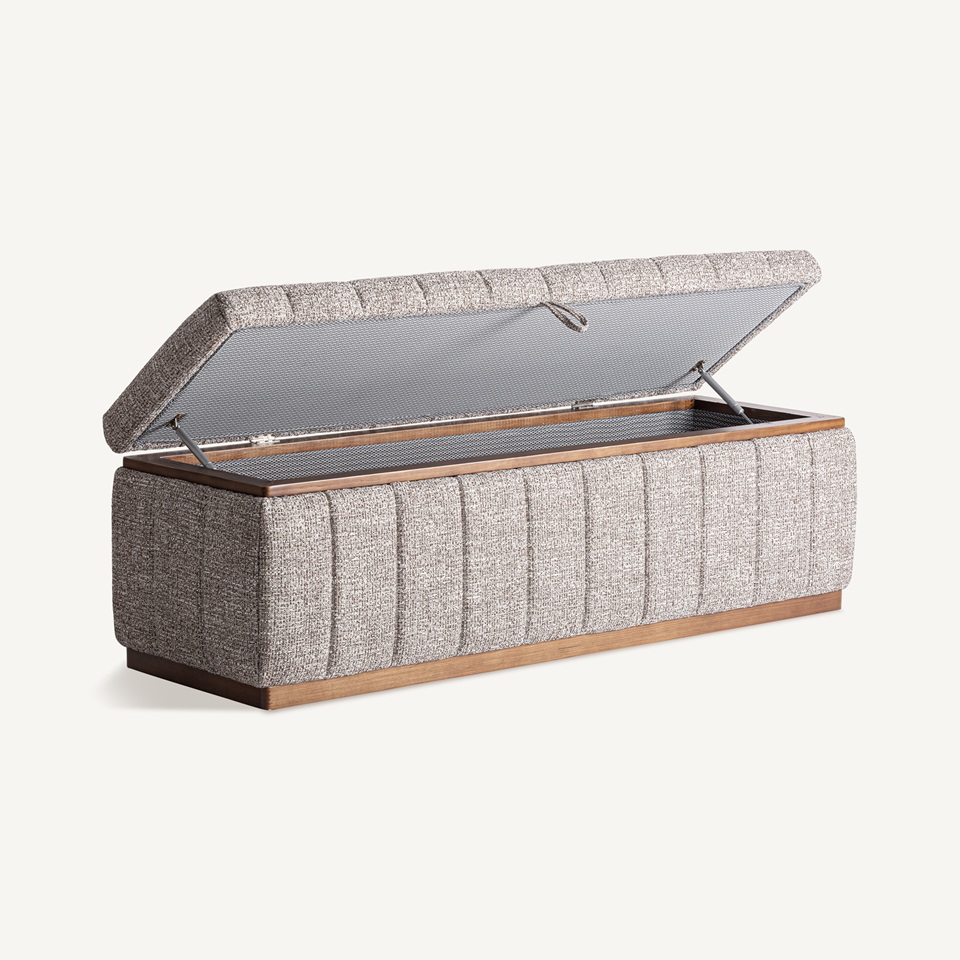 37009 Pie de cama baúl de diseño moderno ONTORIA 143 madera de fresno y tapizado gris jaspeado