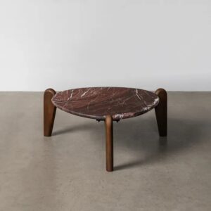 615637 Mesa de centro de diseño Art Decó madera de mango y mármol rojizo formas irregulares