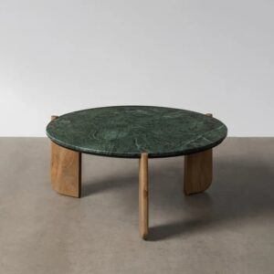615815 Mesa de centro redonda de diseño Art Decó 80 madera de mango y mármol verde