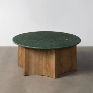 615816 Mesa de centro redonda de diseño Art Decó 97 madera de mango y mármol verde