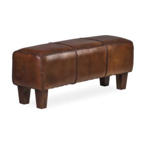 99205 Banco de diseño vintage 110 piel marrón y patas de madera con costuras trenzadas