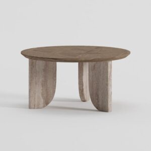 ATOS-1 Mesa de centro redonda diseño moderno 80 patas travertino beige y sobre de fresno