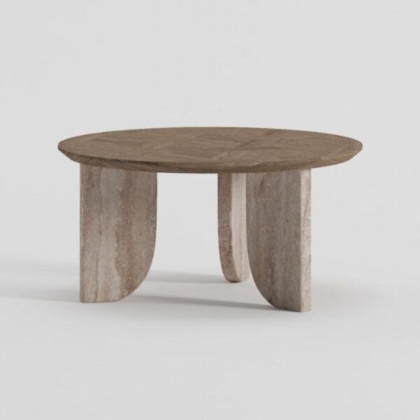 ATOS-1 Mesa de centro redonda diseño moderno 80 patas travertino beige y sobre de fresno