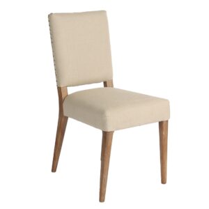 BIANCA Silla de diseño clásico madera de roble y lino beige con puntillas de bronce