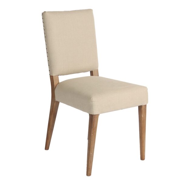 BIANCA Silla de diseño clásico madera de roble y lino beige con puntillas de bronce