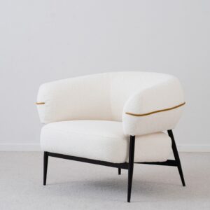 Butaca diseño moderno tela blanco y ocre metal negro