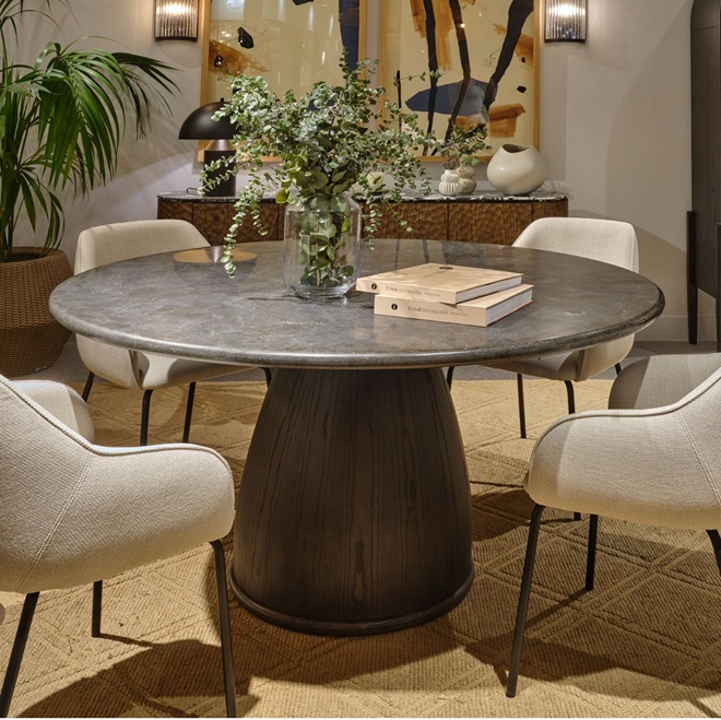 ELORA Mesa de comedor redonda de diseño moderno 150 madera fresno oscuro y sobre de piedra