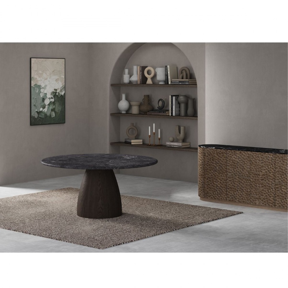 ELORA Mesa de comedor redonda de diseño moderno 150 madera fresno oscuro y sobre de piedra