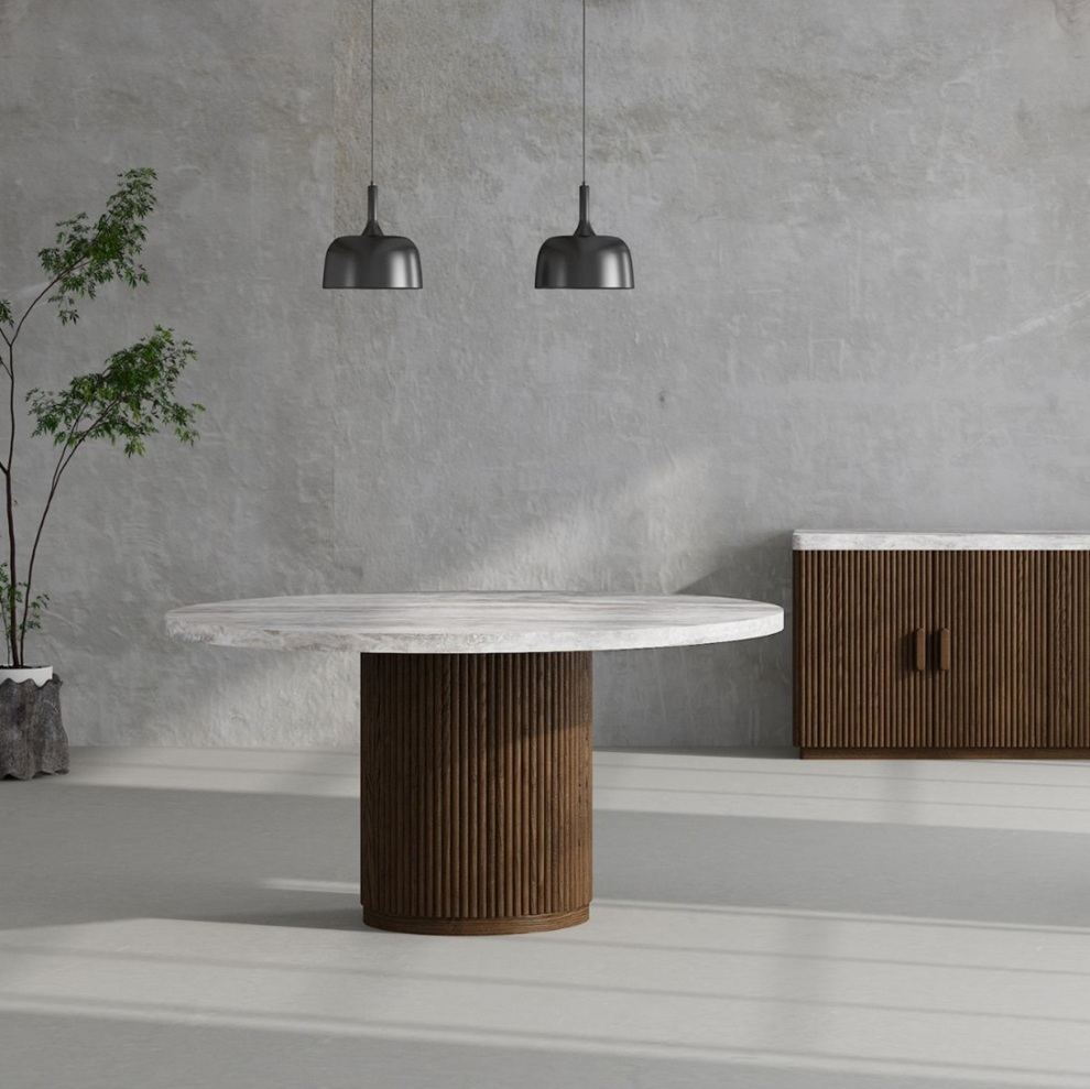 MATEO-1 Mesa de comedor de diseño moderno 150 pata fresno palillería y sobre mármol travertino gris