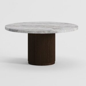 MATEO-1 Mesa de comedor diseño moderno 150 pata fresno palillería y sobre mármol travertino gris